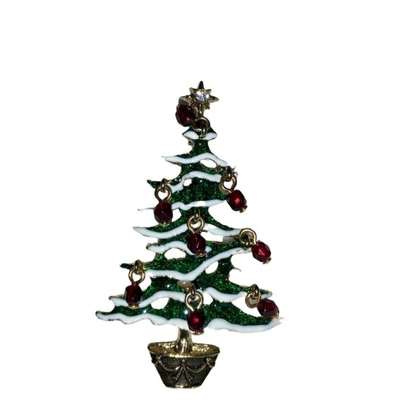 Christmas Tree Pin Brooch with Dangling Bead Ornaments - Picture 2 of 5